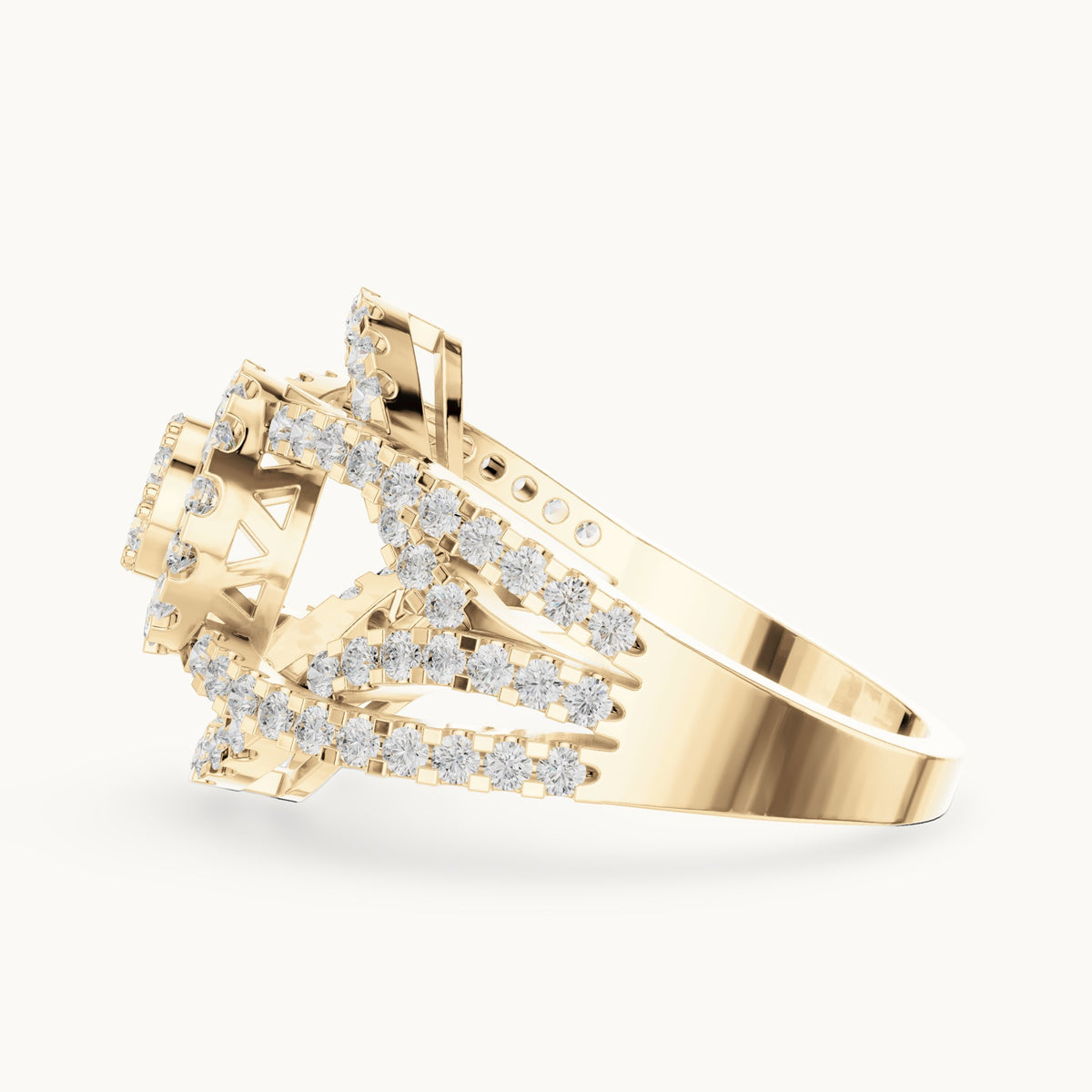 Round lab-grown diamond cluster halo ring with open split shank in yellow gold, 1.05 CT TW, view 3