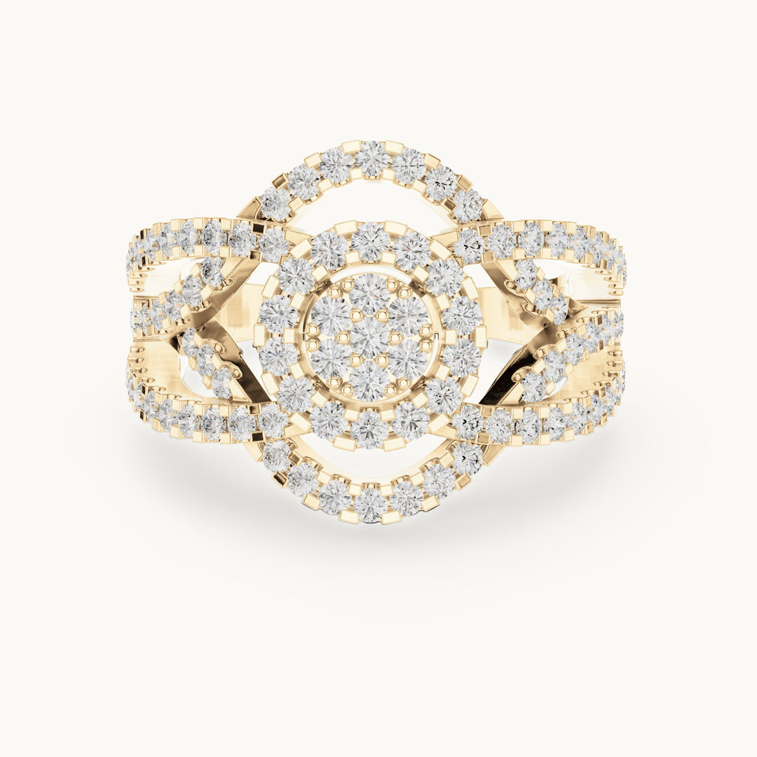 Round lab-grown diamond cluster halo ring with open split shank in yellow gold, 1.05 CT TW, view 4