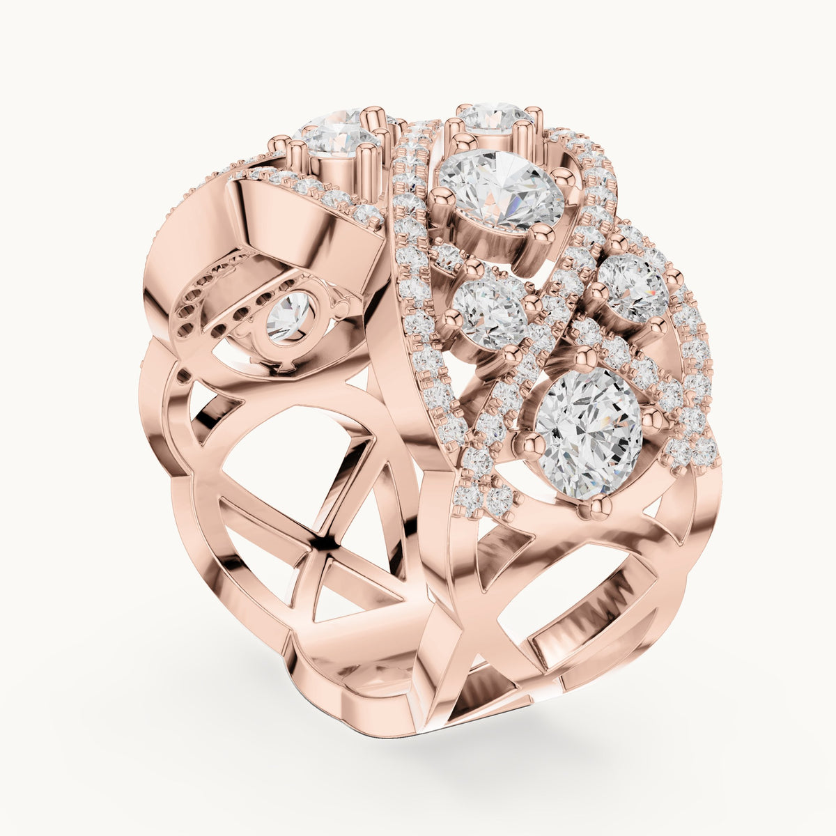 Round lab-grown diamond interlaced pavé cocktail ring in rose gold, 3.22 CT TW, view 1