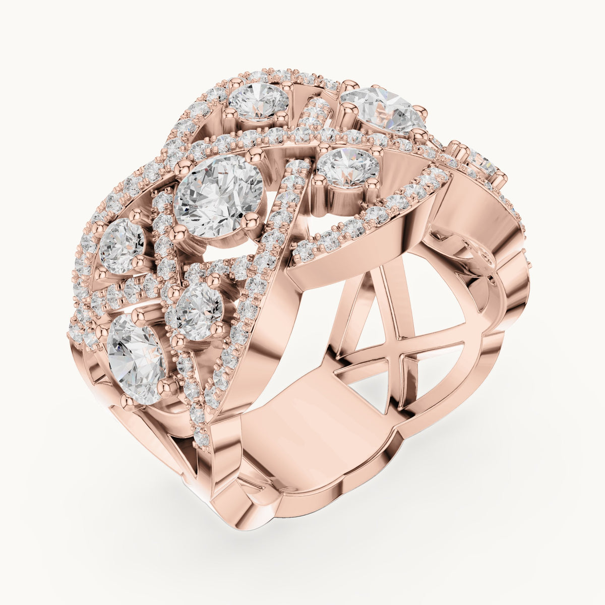 Round lab-grown diamond interlaced pavé cocktail ring in rose gold, 3.22 CT TW, view 2