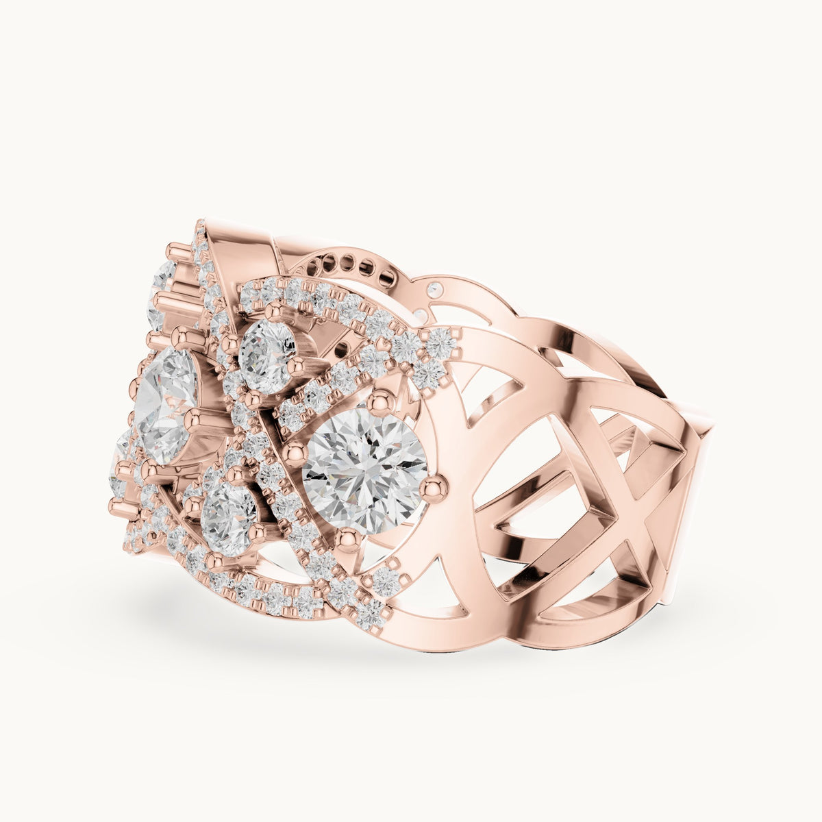 Round lab-grown diamond interlaced pavé cocktail ring in rose gold, 3.22 CT TW, view 3