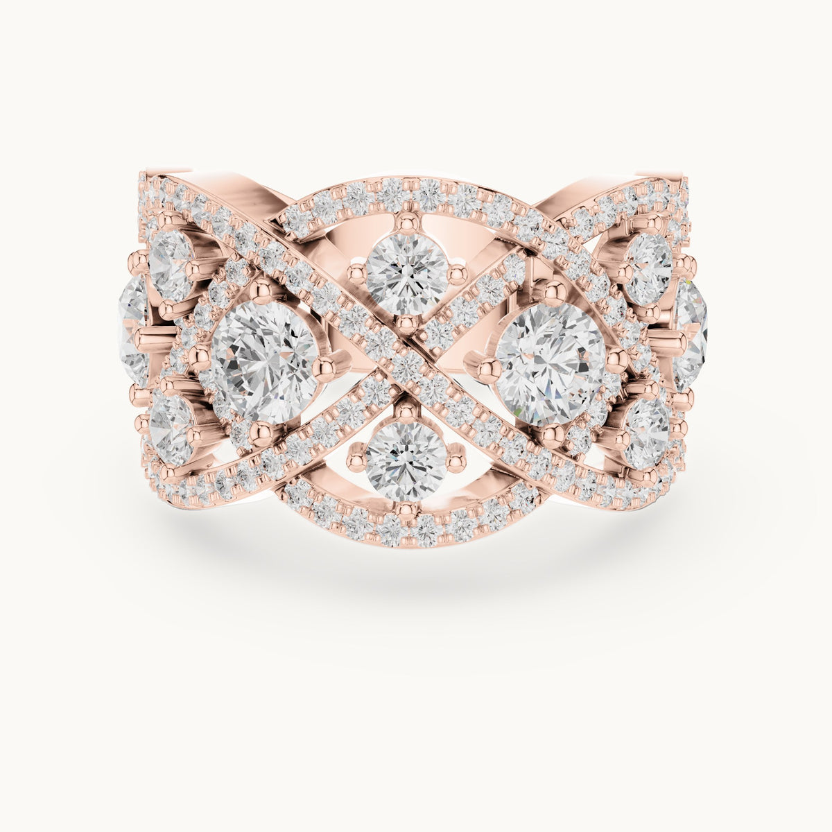 Round lab-grown diamond interlaced pavé cocktail ring in rose gold, 3.22 CT TW, view 4