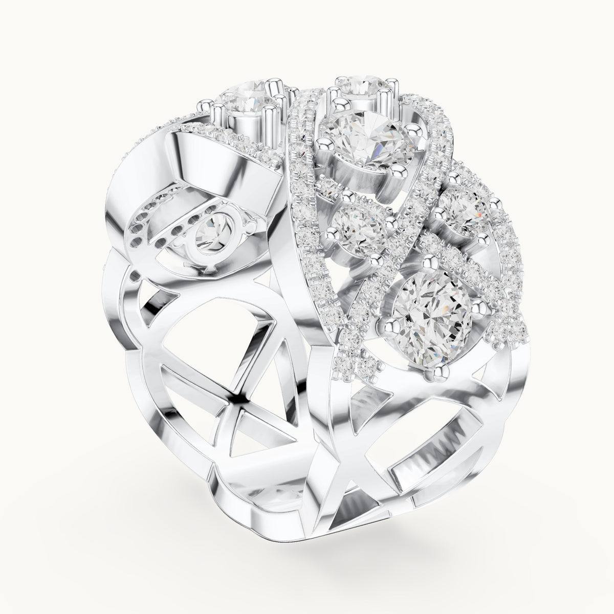 Round lab-grown diamond interlaced pavé cocktail ring in white gold, 3.22 CT TW, view 1