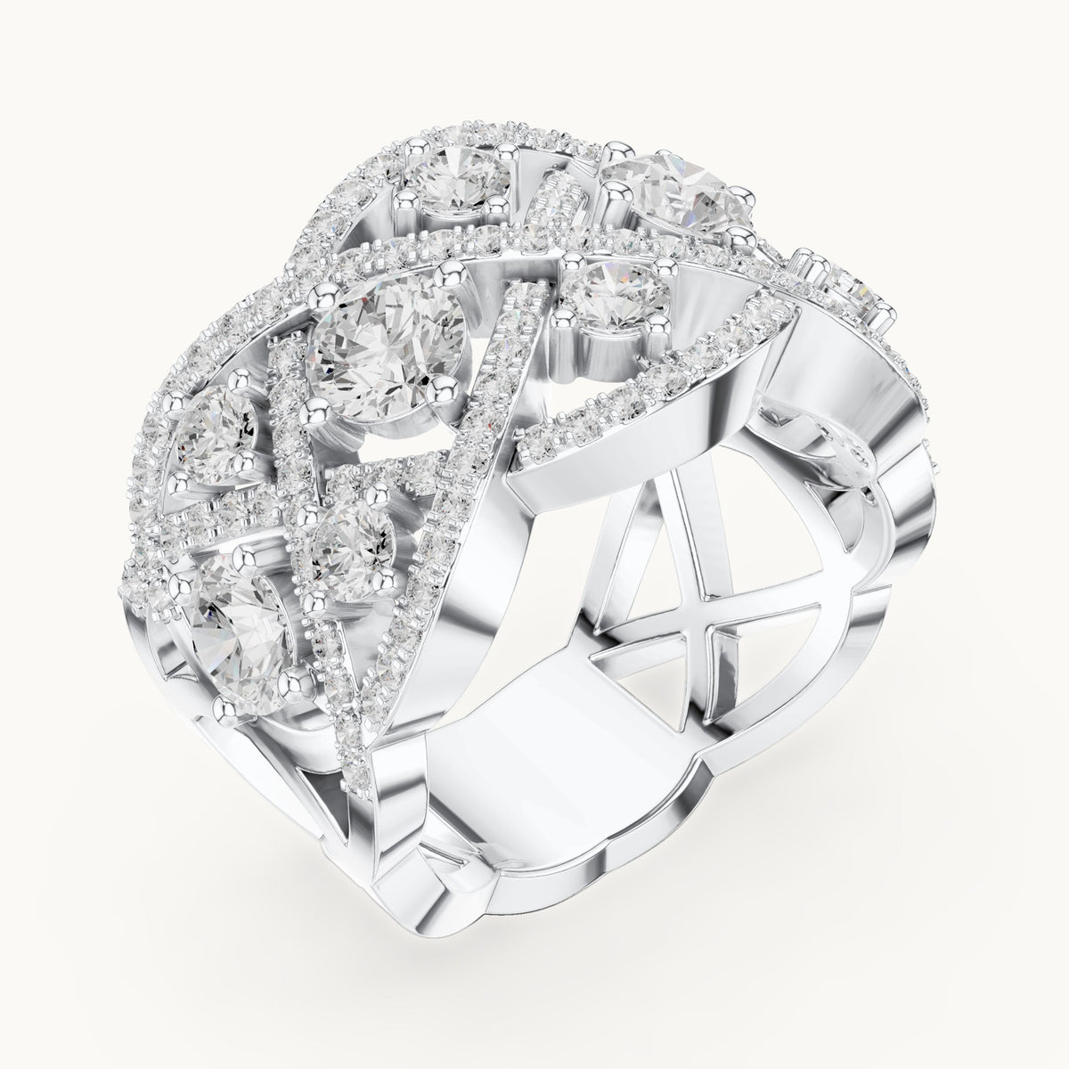 Round lab-grown diamond interlaced pavé cocktail ring in white gold, 3.22 CT TW, view 2