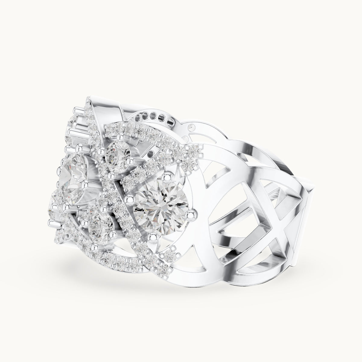 Round lab-grown diamond interlaced pavé cocktail ring in white gold, 3.22 CT TW, view 3