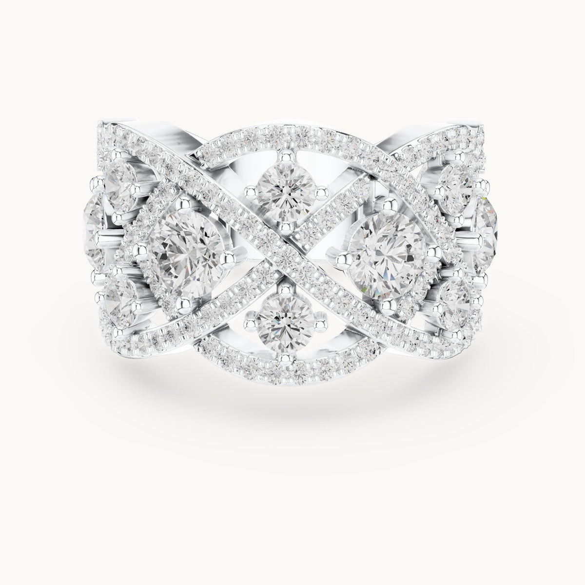 Round lab-grown diamond interlaced pavé cocktail ring in white gold, 3.22 CT TW, view 4