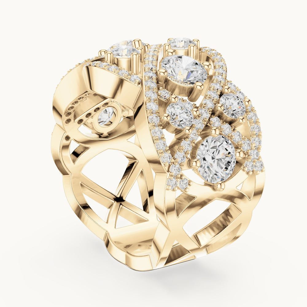 Round lab-grown diamond interlaced pavé cocktail ring in yellow gold, 3.22 CT TW, view 1
