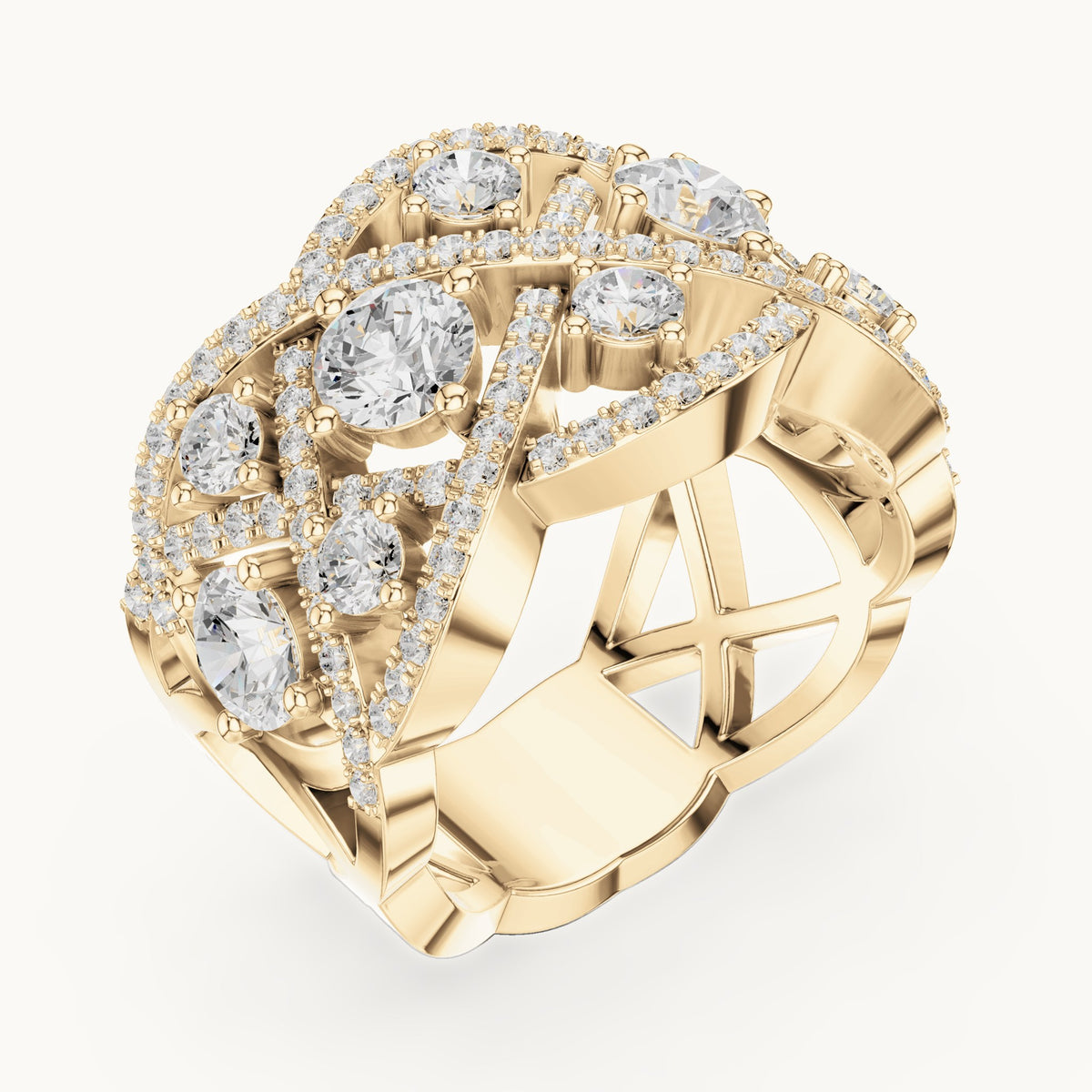 Round lab-grown diamond interlaced pavé cocktail ring in yellow gold, 3.22 CT TW, view 2