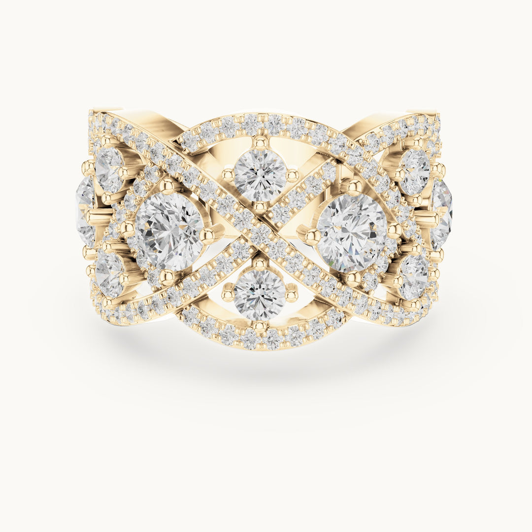 Round lab-grown diamond interlaced pavé cocktail ring in yellow gold, 3.22 CT TW, view 4