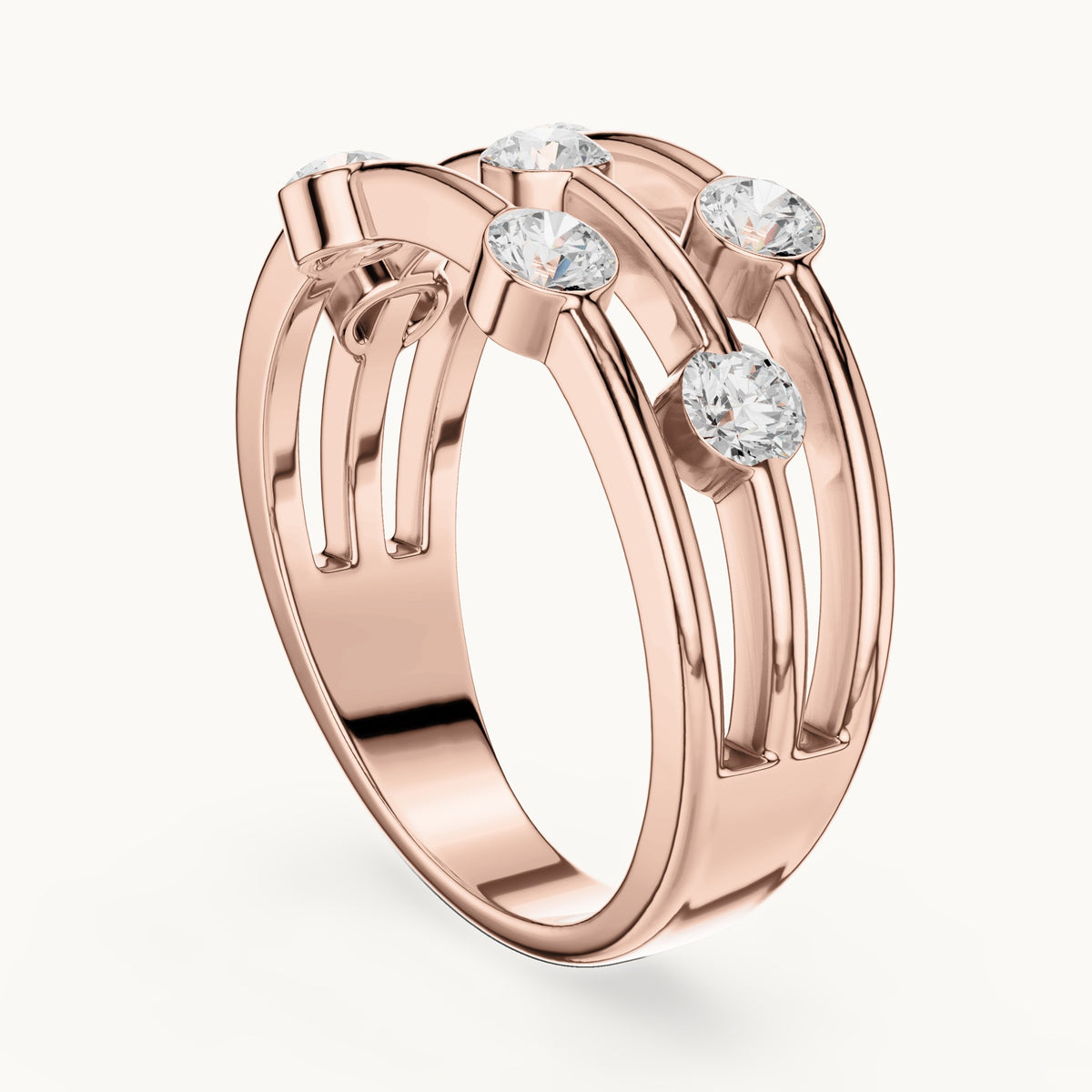 Round lab-grown diamond triple-row bezel station ring in rose gold, 1.07 CT TW, view 1