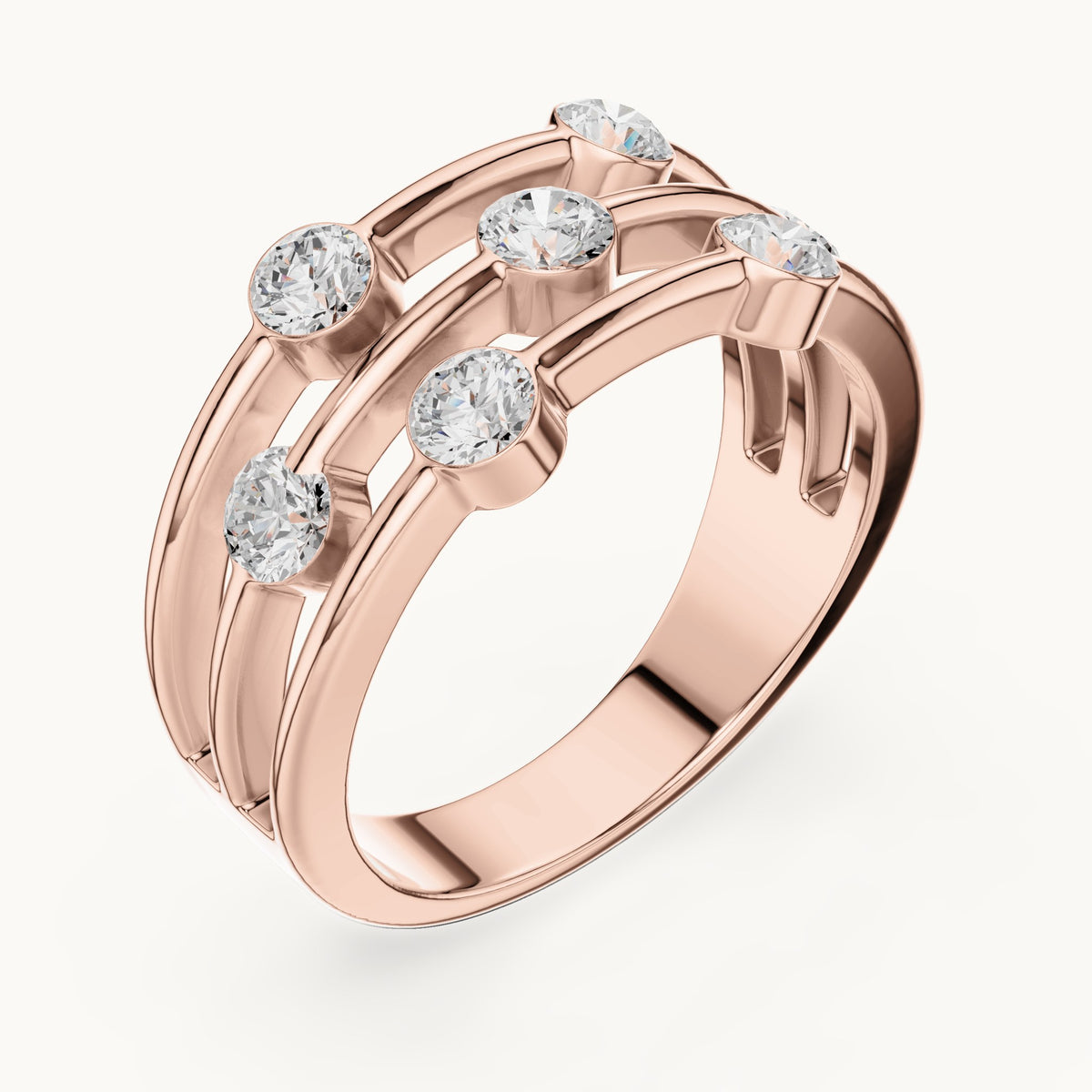 Round lab-grown diamond triple-row bezel station ring in rose gold, 1.07 CT TW, view 2