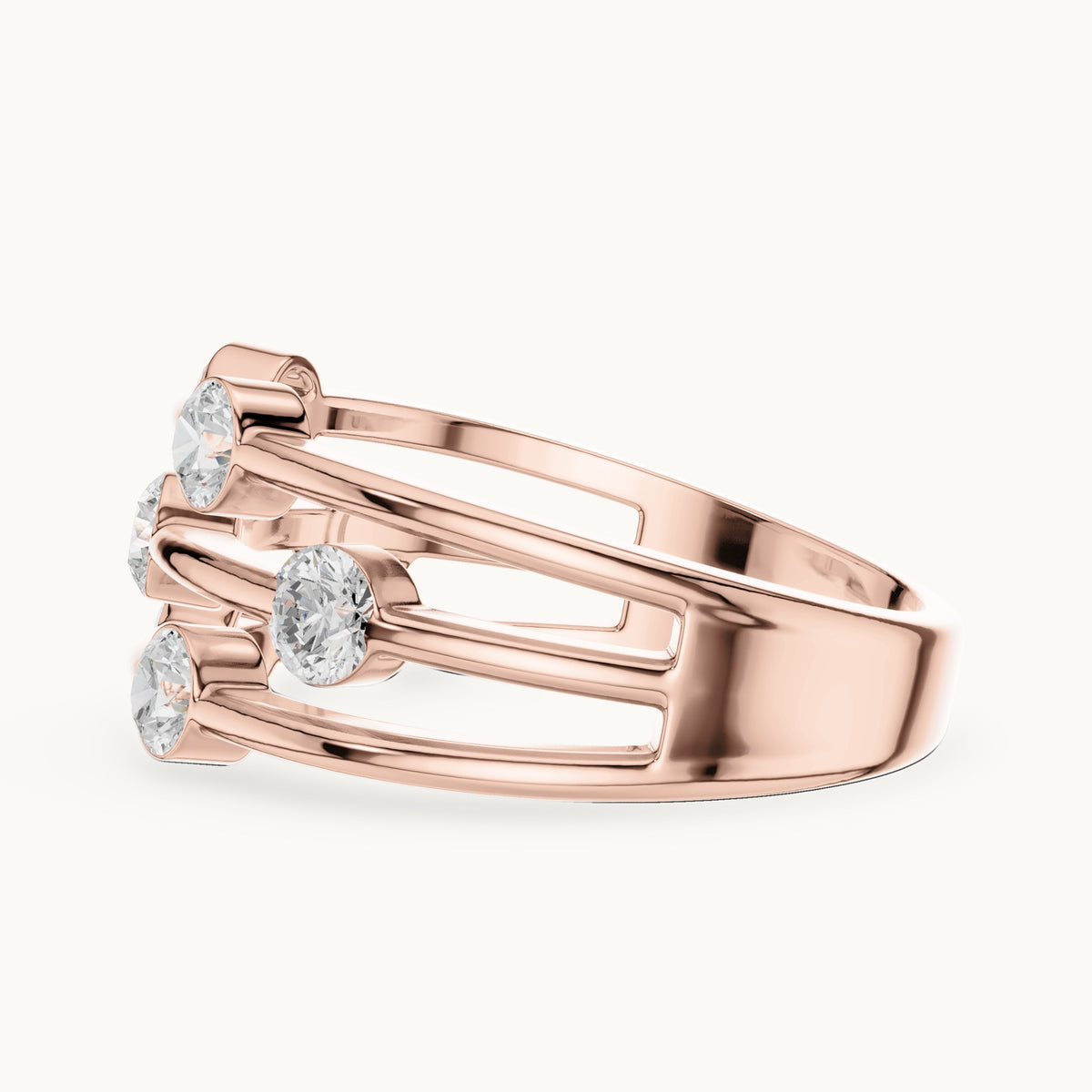 Round lab-grown diamond triple-row bezel station ring in rose gold, 1.07 CT TW, view 3