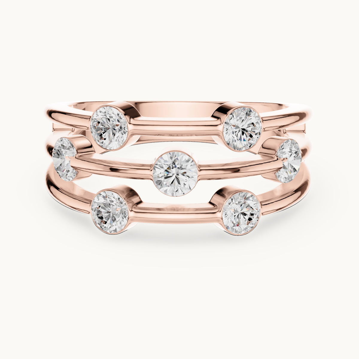 Round lab-grown diamond triple-row bezel station ring in rose gold, 1.07 CT TW, view 4