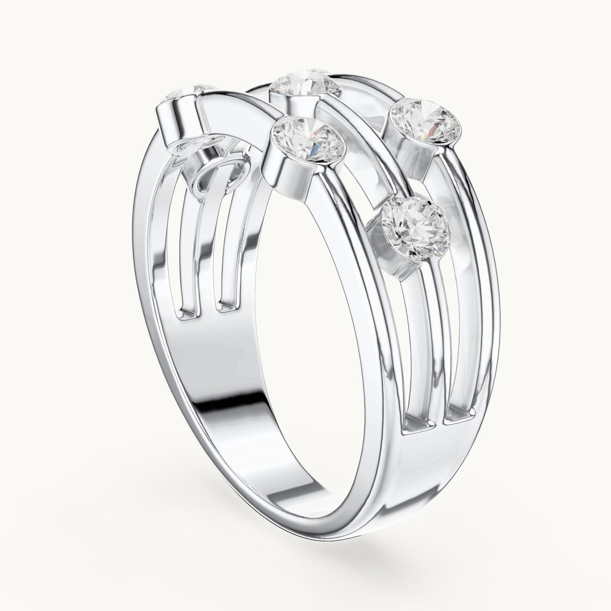 Round lab-grown diamond triple-row bezel station ring in white gold, 1.07 CT TW, view 1