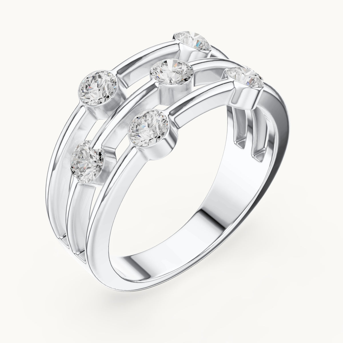 Round lab-grown diamond triple-row bezel station ring in white gold, 1.07 CT TW, view 2