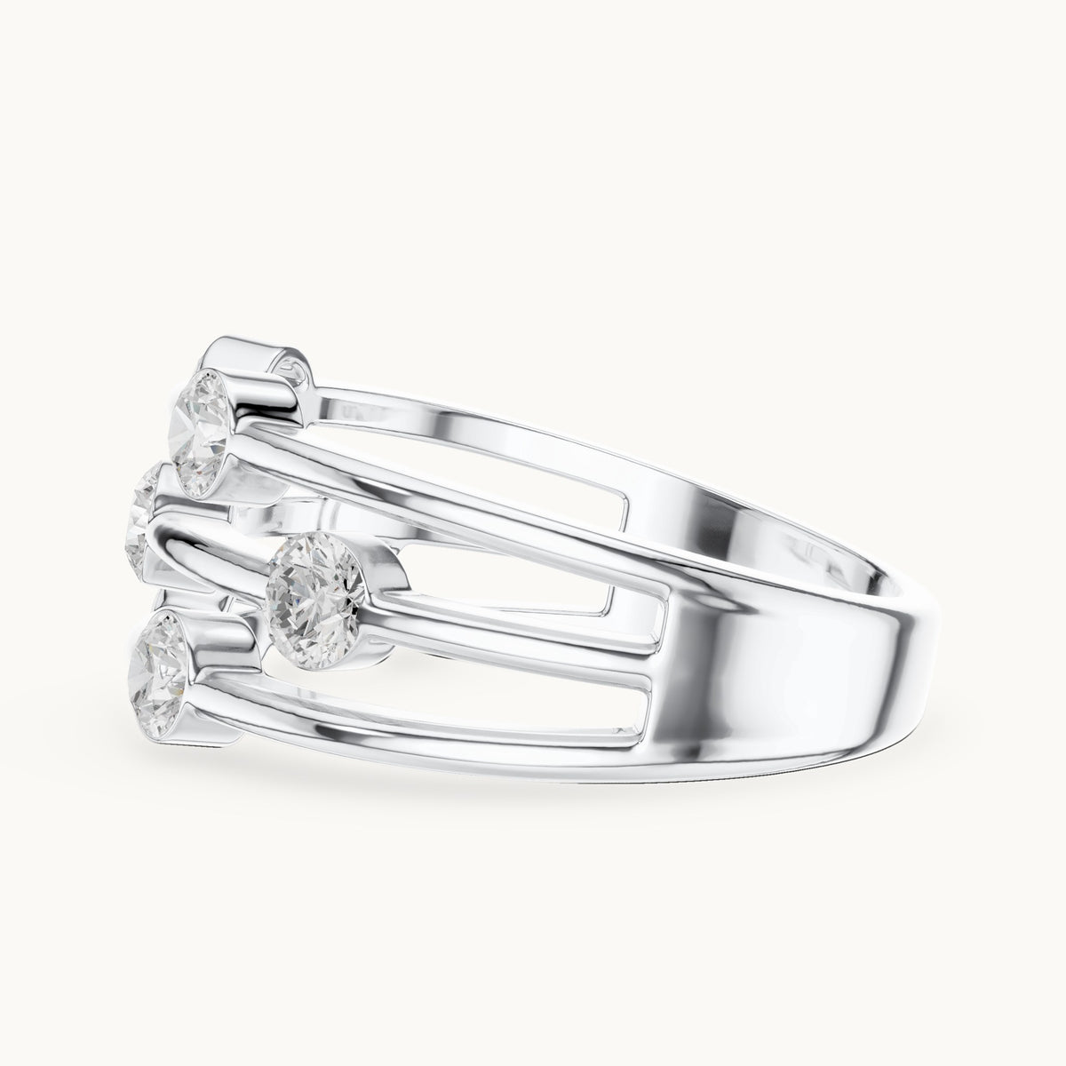 Round lab-grown diamond triple-row bezel station ring in white gold, 1.07 CT TW, view 3