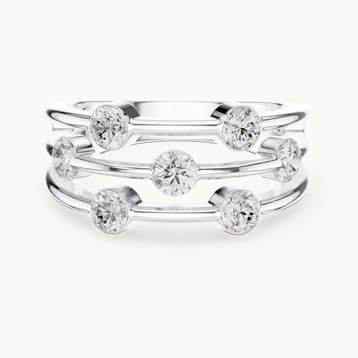 Round lab-grown diamond triple-row bezel station ring in white gold, 1.07 CT TW, view 4