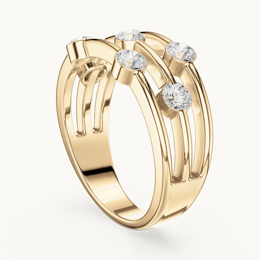 Round lab-grown diamond triple-row bezel station ring in yellow gold, 1.07 CT TW, view 1