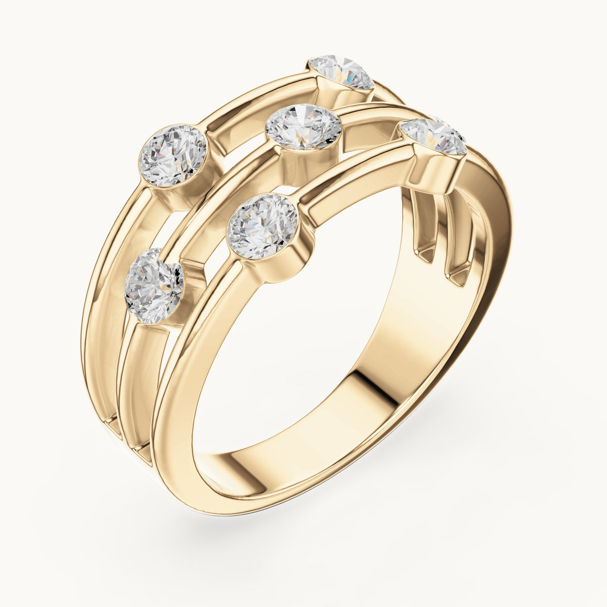 Round lab-grown diamond triple-row bezel station ring in yellow gold, 1.07 CT TW, view 2
