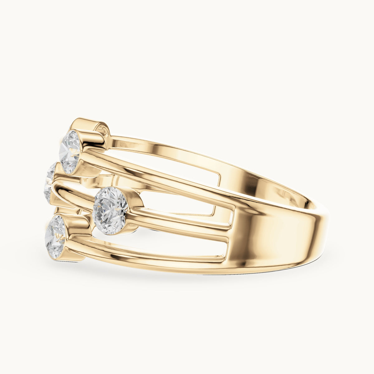 Round lab-grown diamond triple-row bezel station ring in yellow gold, 1.07 CT TW, view 3