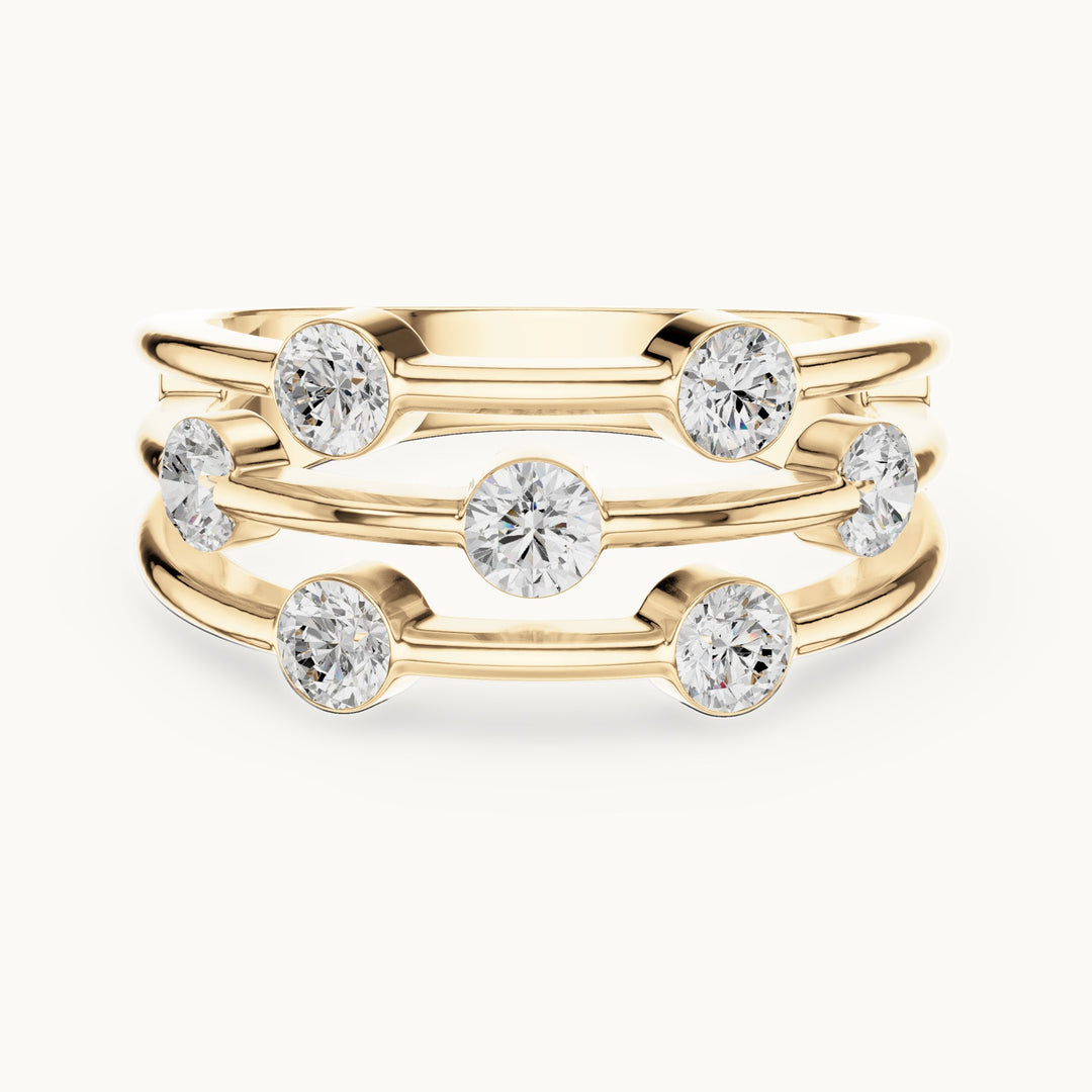 Round lab-grown diamond triple-row bezel station ring in yellow gold, 1.07 CT TW, view 4