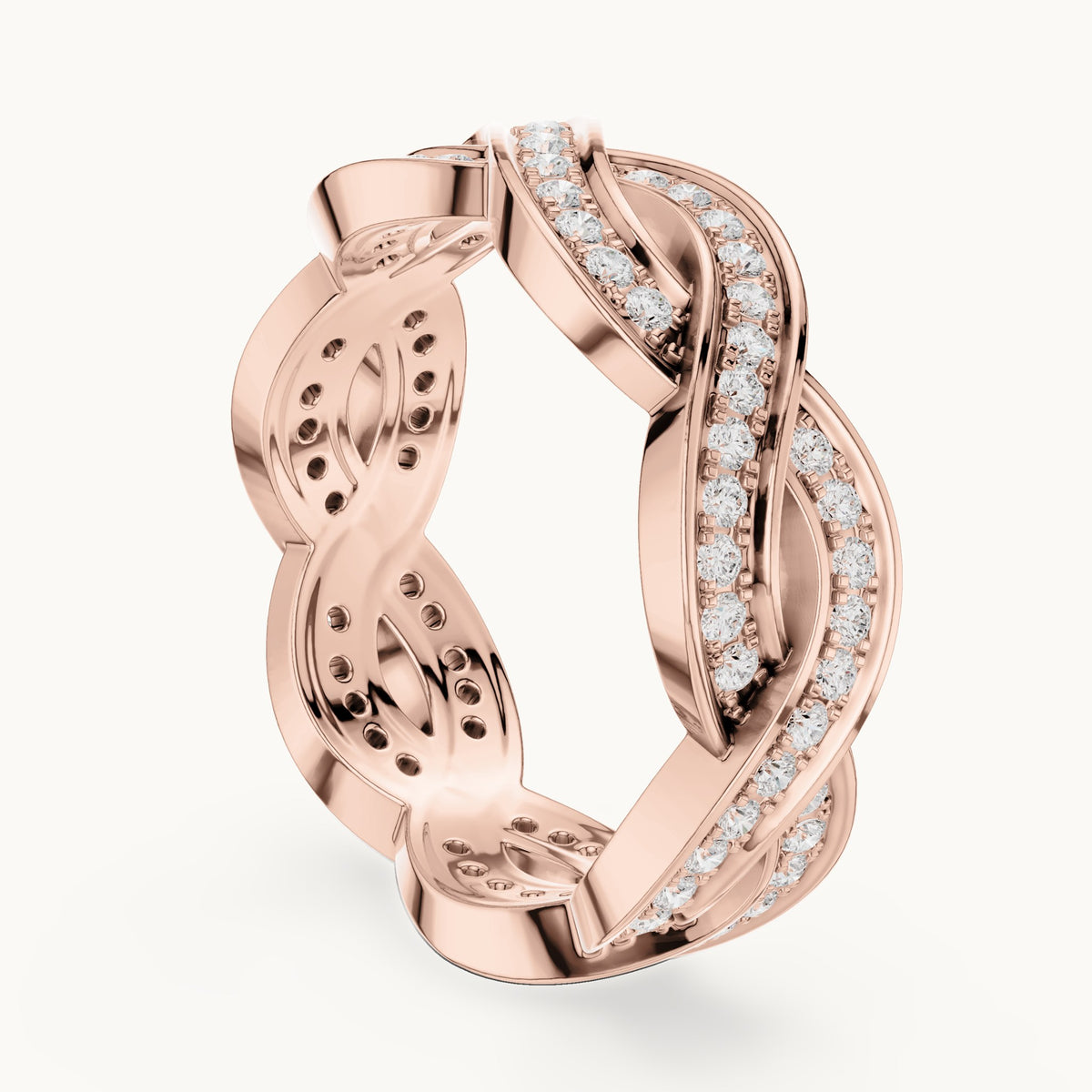 Round lab-grown diamond braided pavé full eternity band in rose gold, 0.84 CT TW, view 1