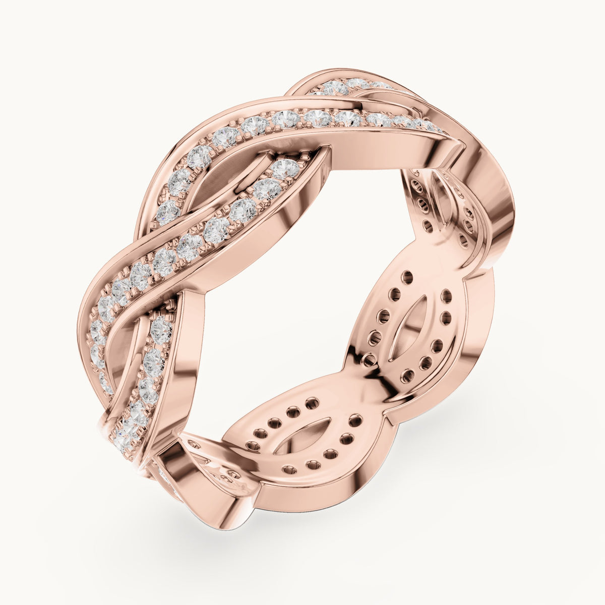 Round lab-grown diamond braided pavé full eternity band in rose gold, 0.84 CT TW, view 2