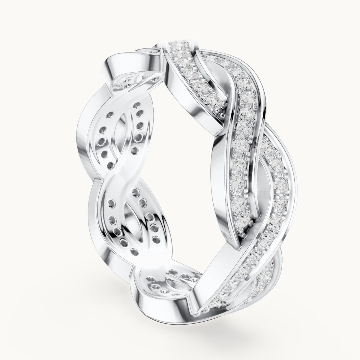 Round lab-grown diamond braided pavé full eternity band in white gold, 0.84 CT TW, view 1