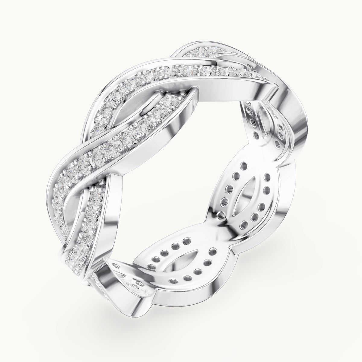 Round lab-grown diamond braided pavé full eternity band in white gold, 0.84 CT TW, view 2