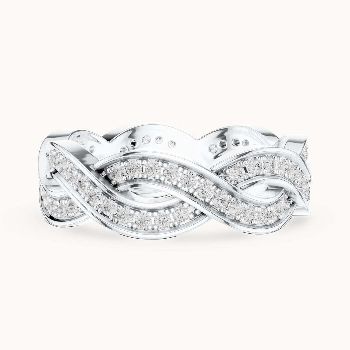 Round lab-grown diamond braided pavé full eternity band in white gold, 0.84 CT TW, view 3