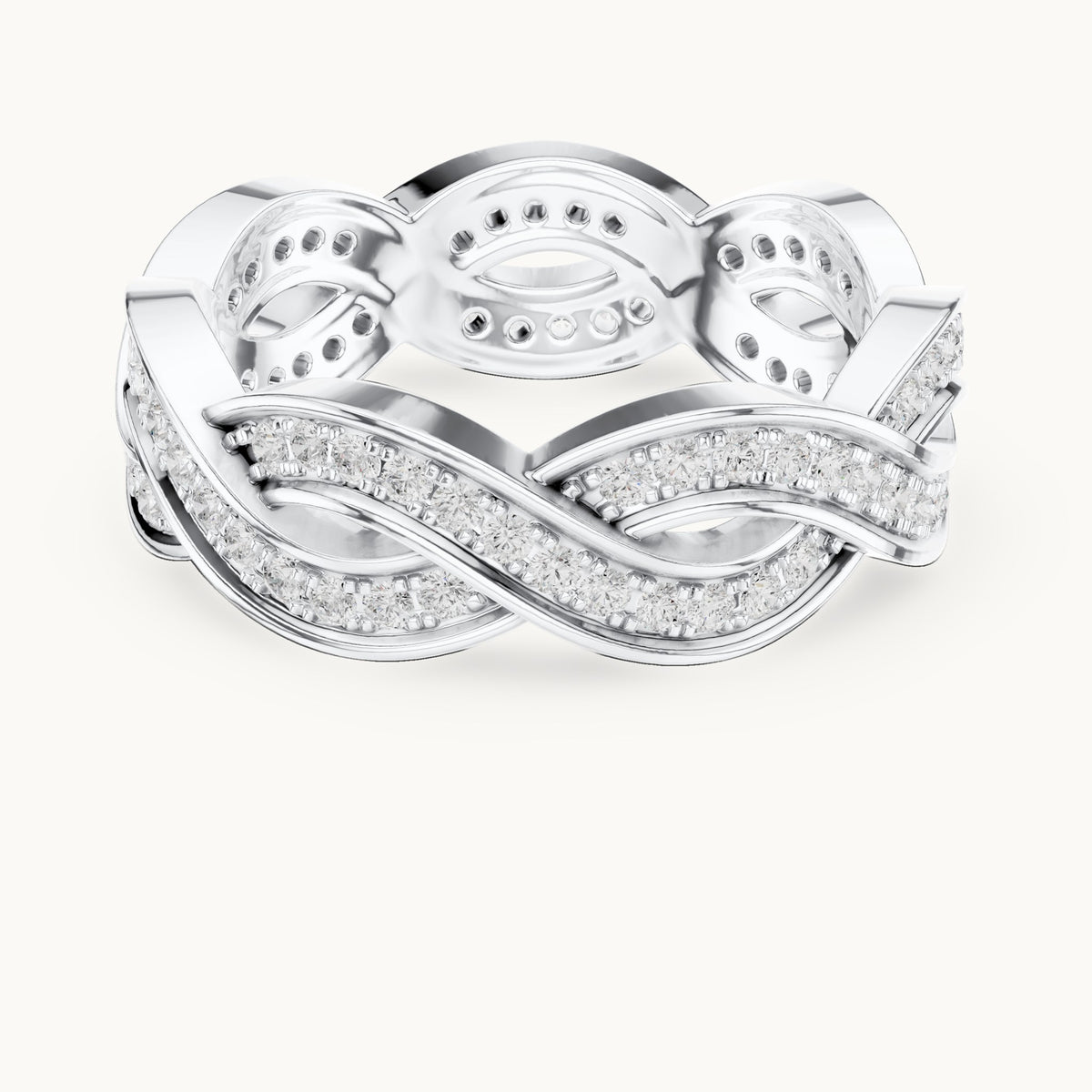Round lab-grown diamond braided pavé full eternity band in white gold, 0.84 CT TW, view 4