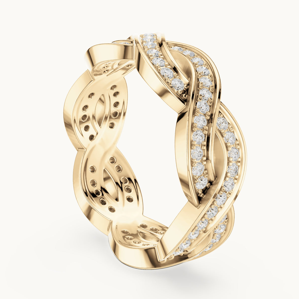 Round lab-grown diamond braided pavé full eternity band in yellow gold, 0.84 CT TW, view 1