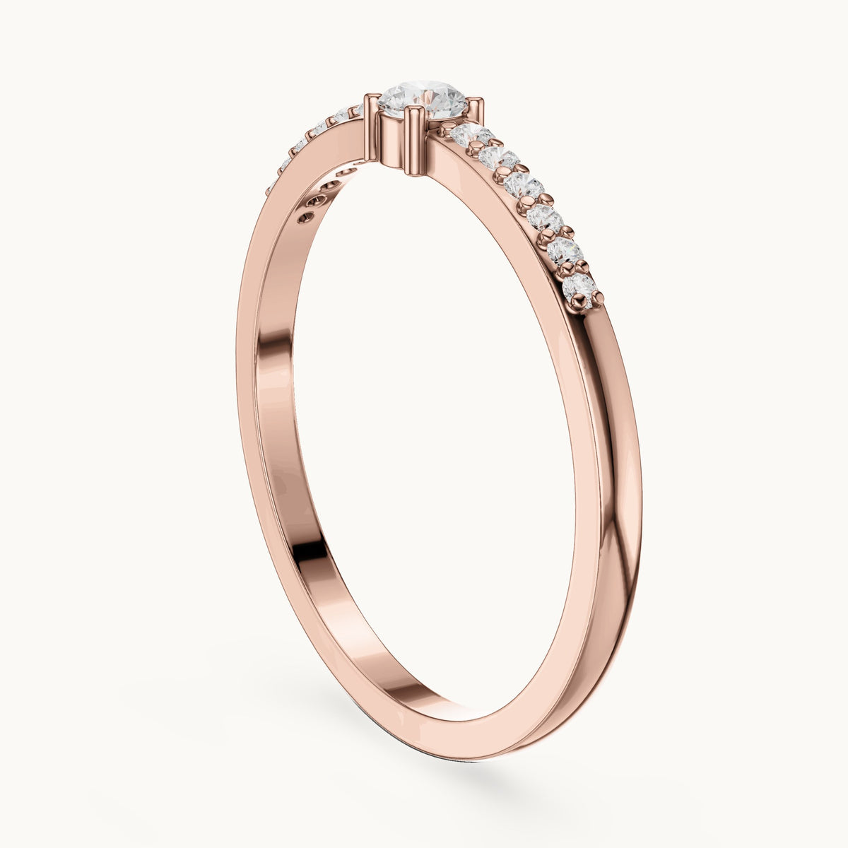 Round lab-grown diamond solitaire ring with pave band in rose gold, 0.158 CT TW, view 1