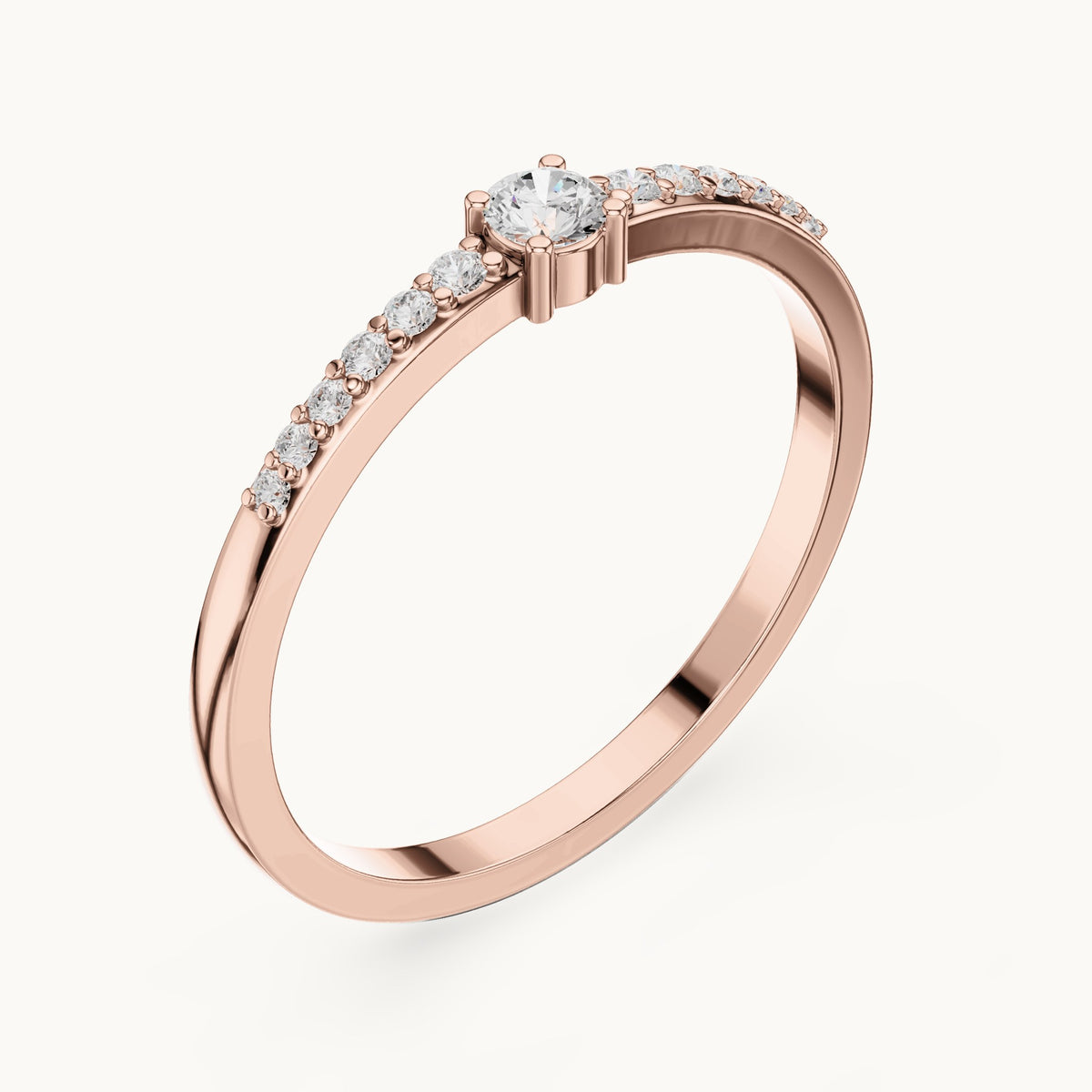 Round lab-grown diamond solitaire ring with pave band in rose gold, 0.158 CT TW, view 2