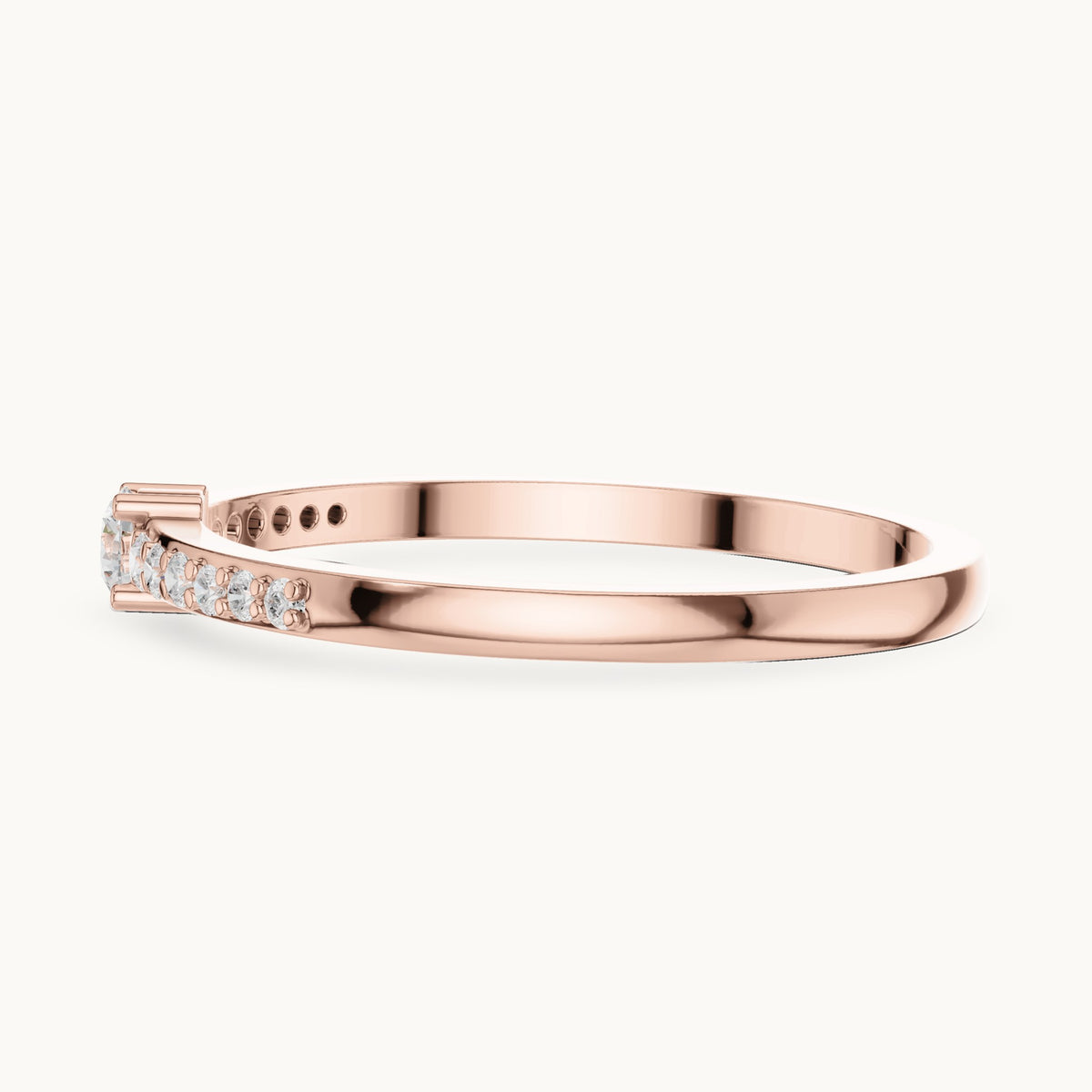 Round lab-grown diamond solitaire ring with pave band in rose gold, 0.158 CT TW, view 3