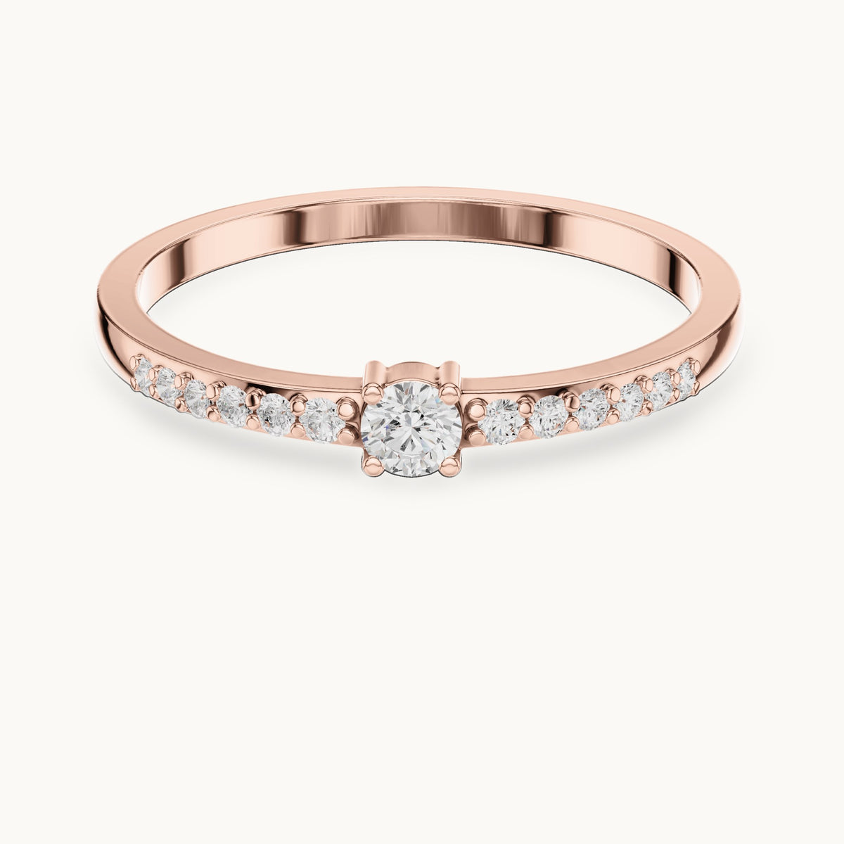Round lab-grown diamond solitaire ring with pave band in rose gold, 0.158 CT TW, view 4