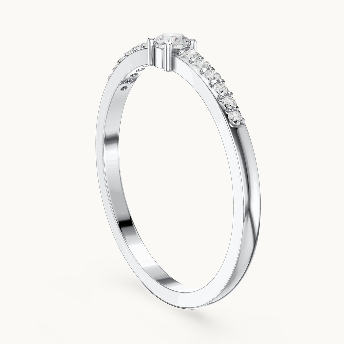 Round lab-grown diamond solitaire ring with pave band in white gold, 0.158 CT TW, view 1