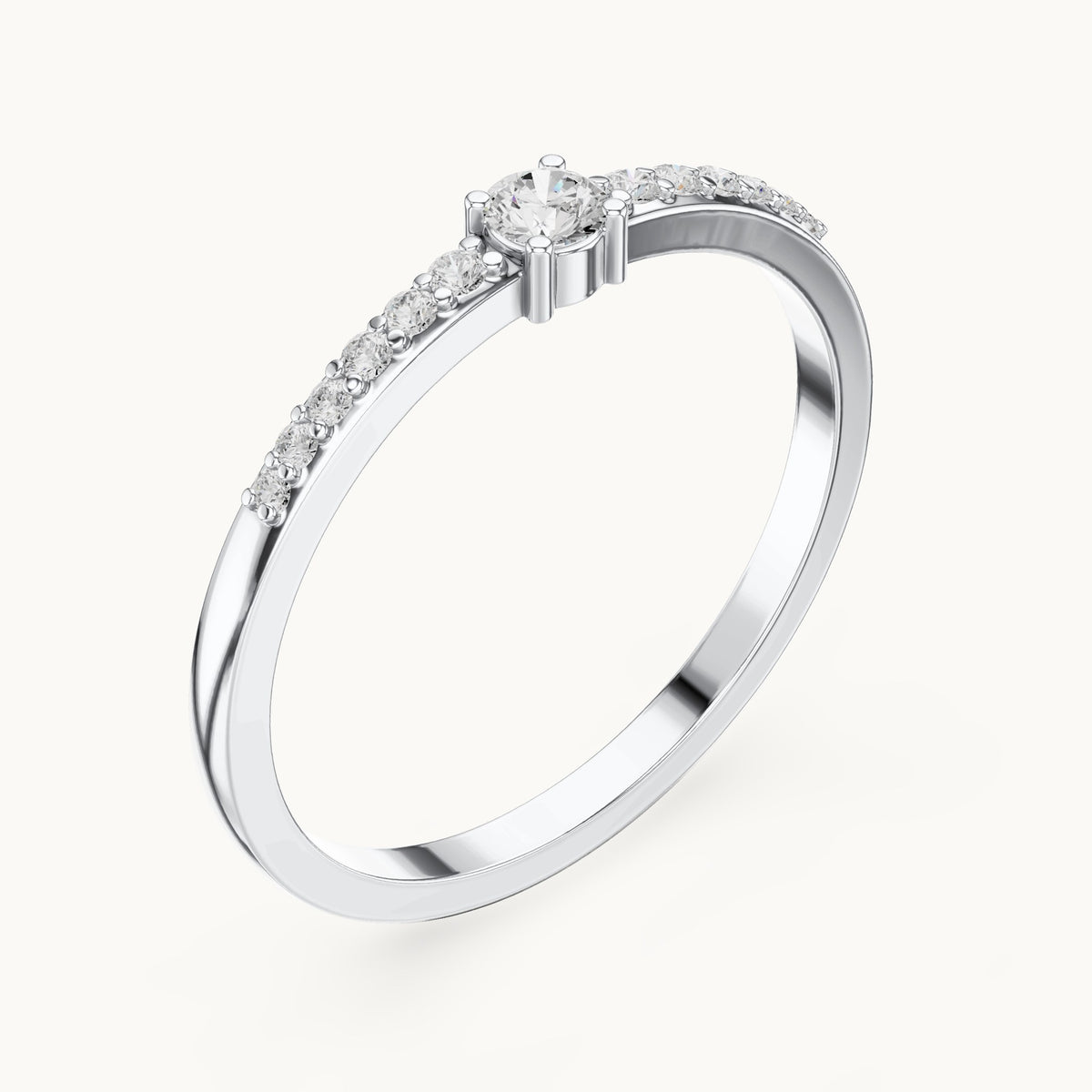 Round lab-grown diamond solitaire ring with pave band in white gold, 0.158 CT TW, view 2