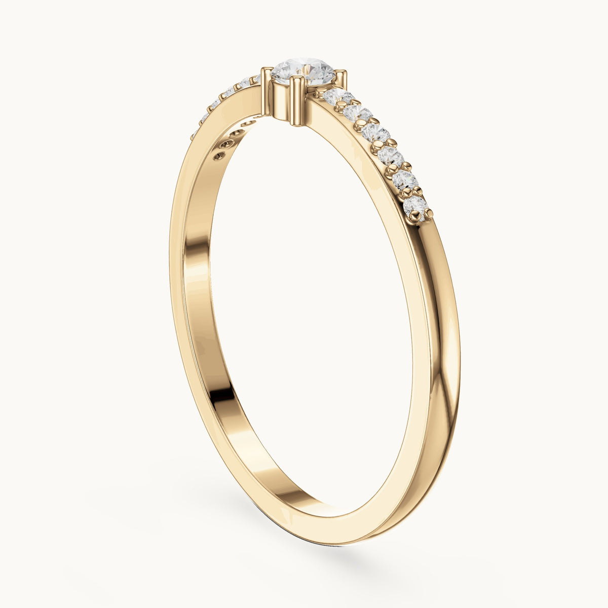 Round lab-grown diamond solitaire ring with pave band in yellow gold, 0.158 CT TW, view 1