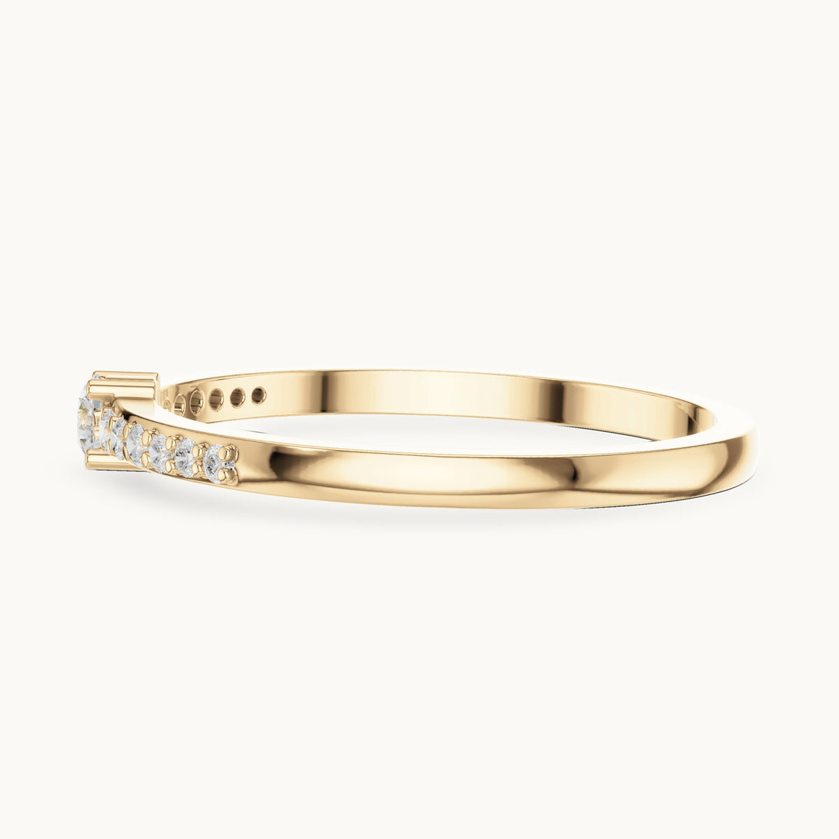 Round lab-grown diamond solitaire ring with pave band in yellow gold, 0.158 CT TW, view 3