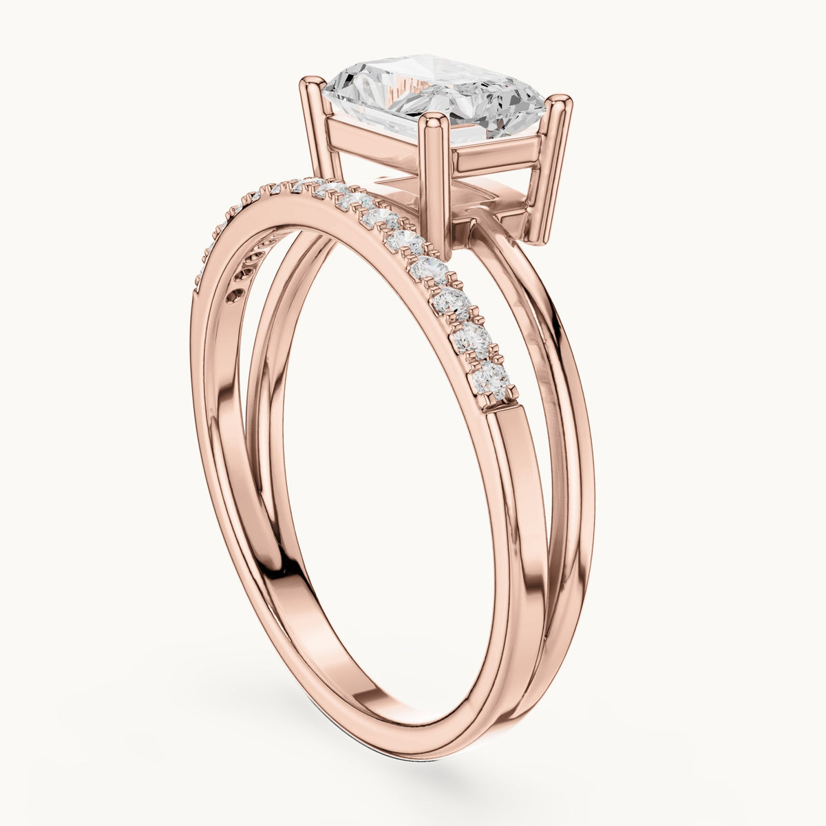 Radiant-cut lab-grown diamond east-west split shank engagement ring in rose gold, 1.37 CT TW, view 1