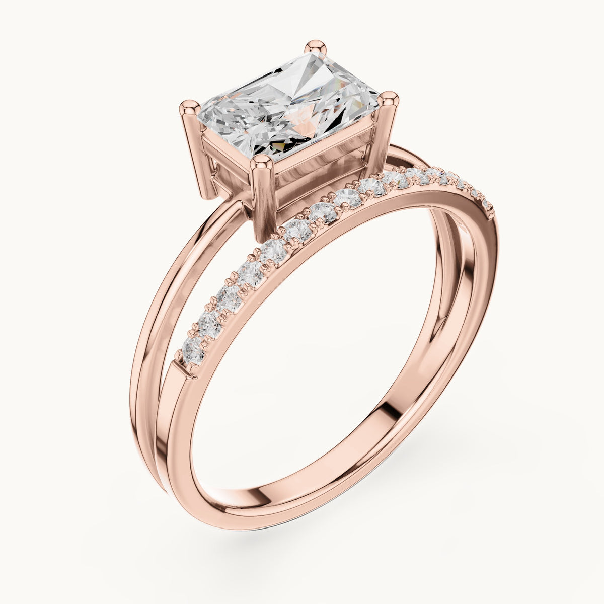 Radiant-cut lab-grown diamond east-west split shank engagement ring in rose gold, 1.37 CT TW, view 2