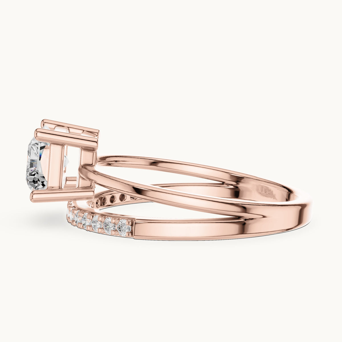 Radiant-cut lab-grown diamond east-west split shank engagement ring in rose gold, 1.37 CT TW, view 3