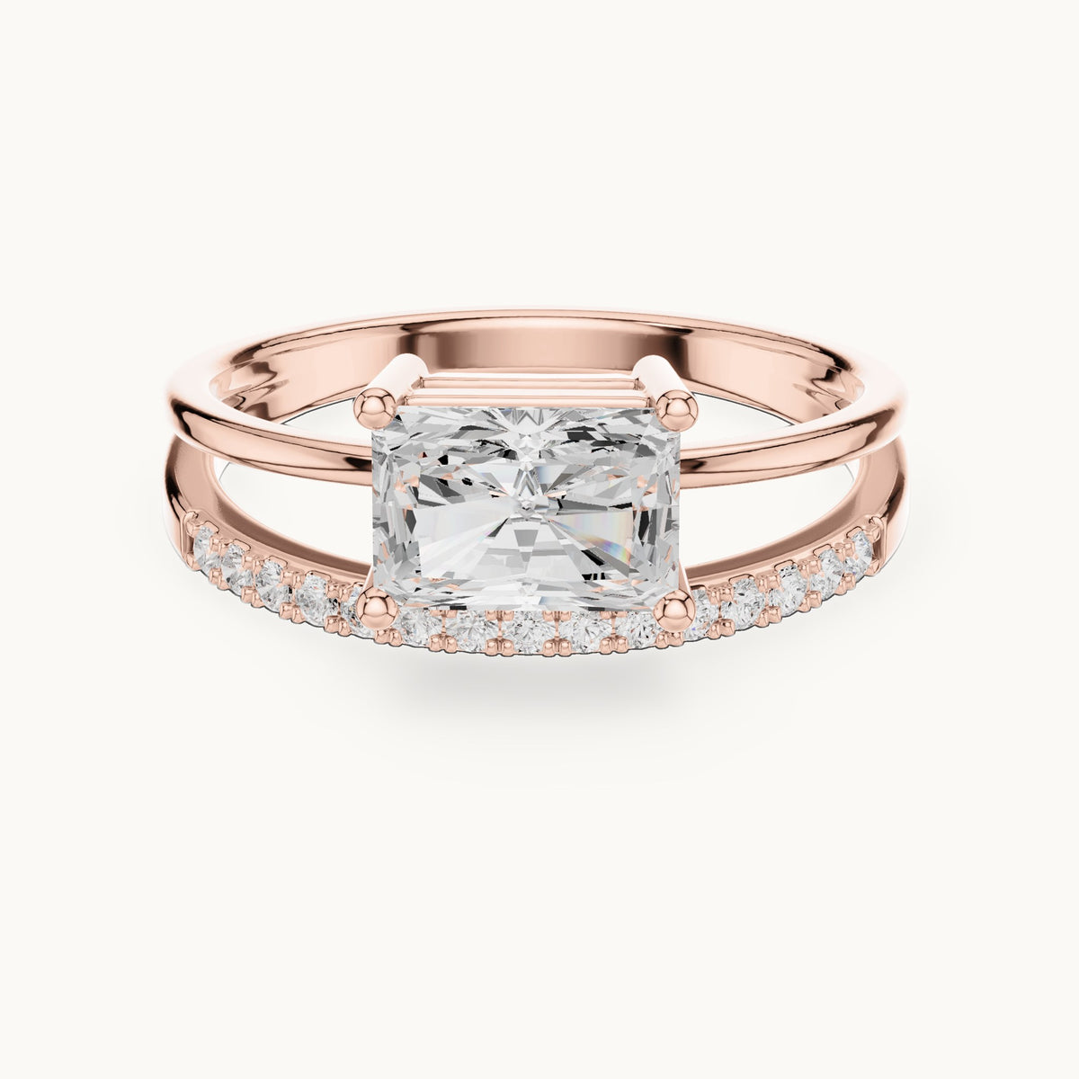 Radiant-cut lab-grown diamond east-west split shank engagement ring in rose gold, 1.37 CT TW, view 4