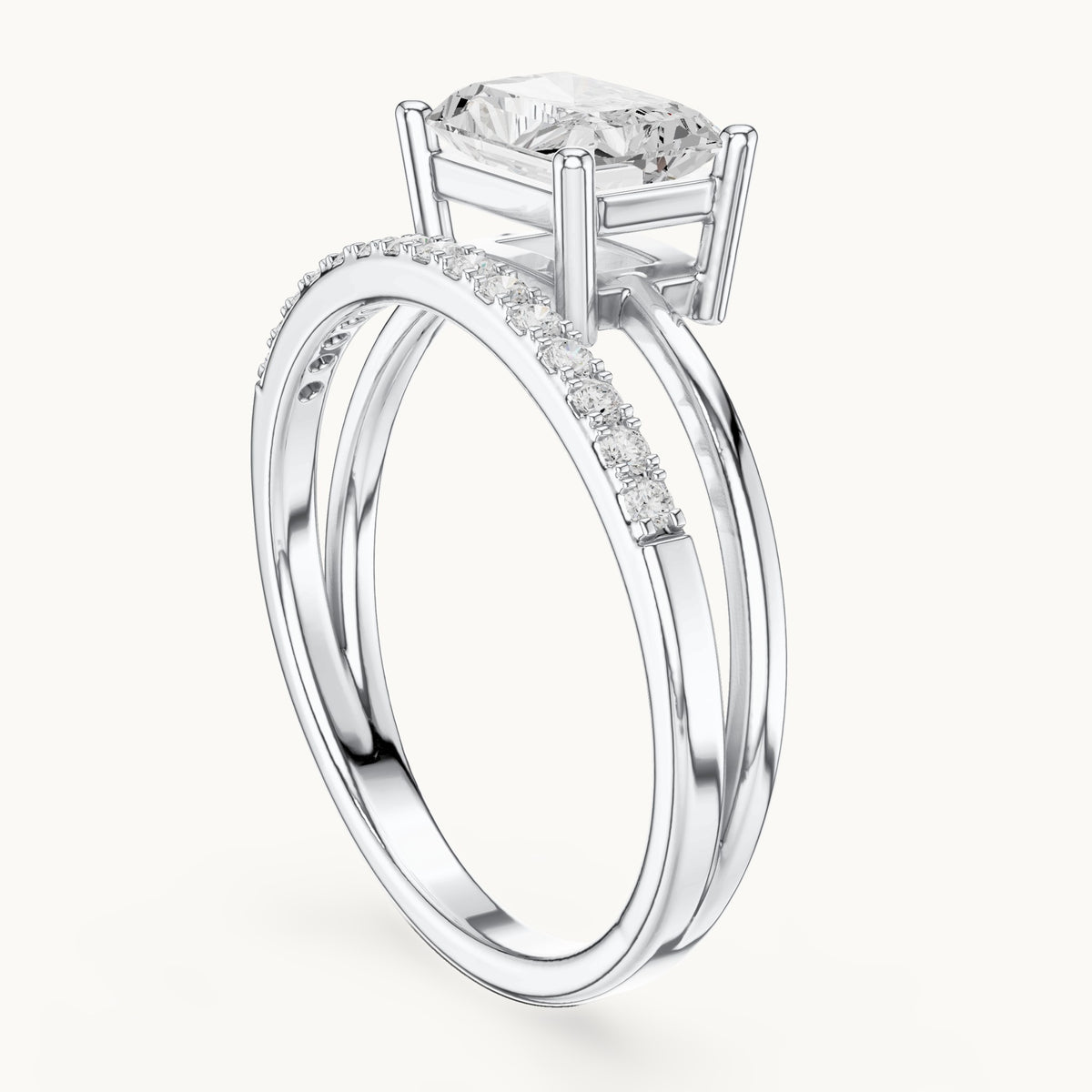 Radiant-cut lab-grown diamond east-west split shank engagement ring in white gold, 1.37 CT TW, view 1