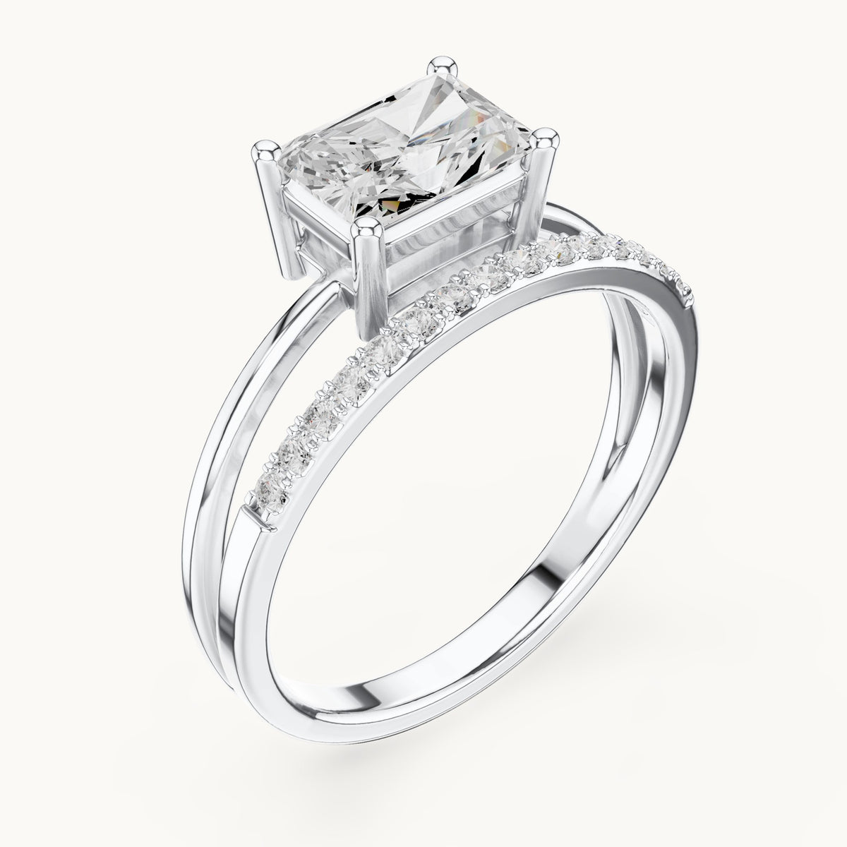 Radiant-cut lab-grown diamond east-west split shank engagement ring in white gold, 1.37 CT TW, view 2