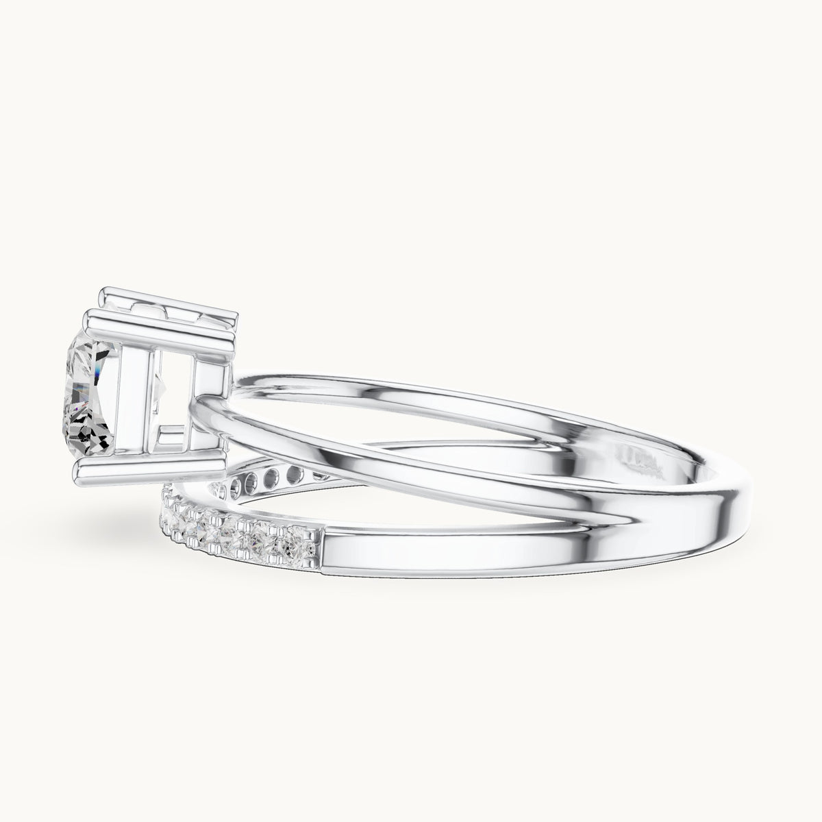 Radiant-cut lab-grown diamond east-west split shank engagement ring in white gold, 1.37 CT TW, view 3