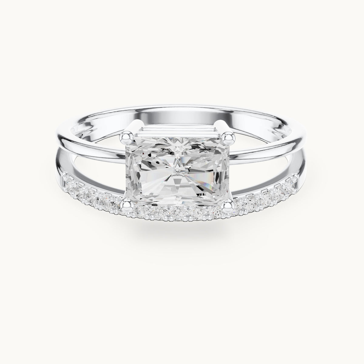 Radiant-cut lab-grown diamond east-west split shank engagement ring in white gold, 1.37 CT TW, view 4
