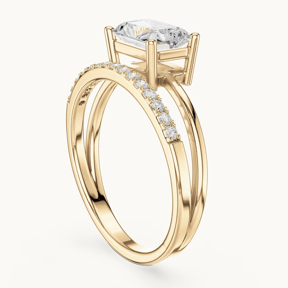Radiant-cut lab-grown diamond east-west split shank engagement ring in yellow gold, 1.37 CT TW, view 1