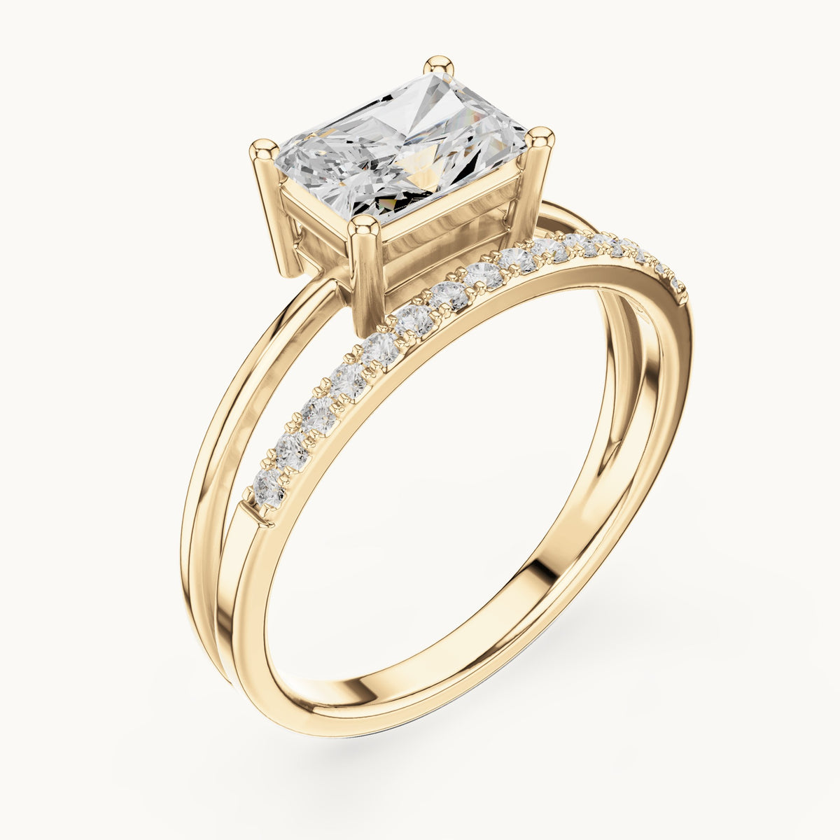 Radiant-cut lab-grown diamond east-west split shank engagement ring in yellow gold, 1.37 CT TW, view 2